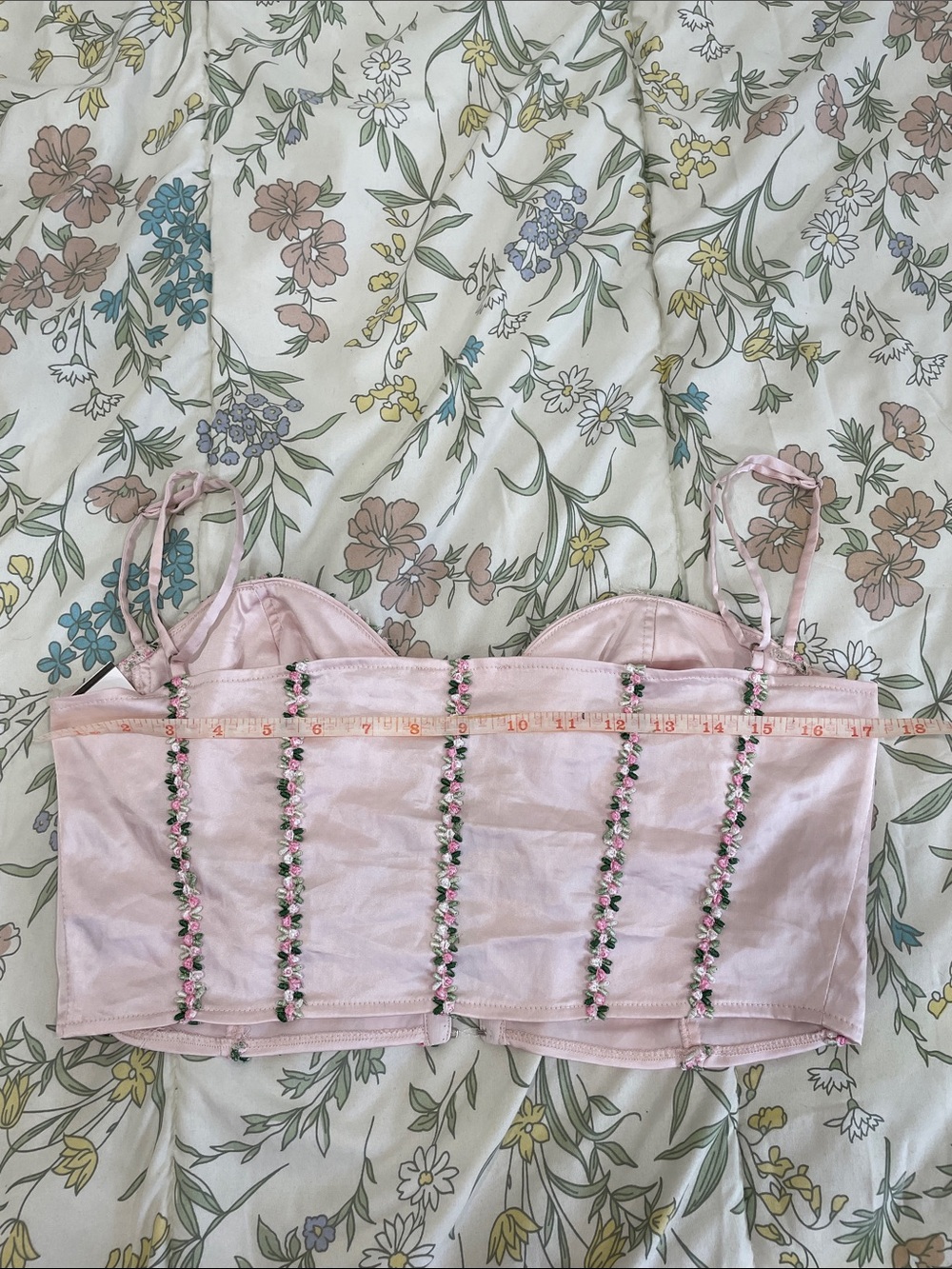 Sugar Thrillz Pale Pink Satin Floral-Trim Bustier Crop - Picture 4 of 7